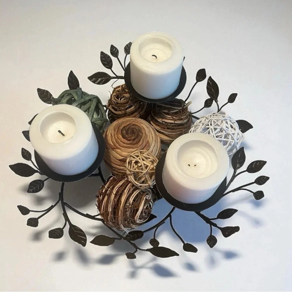 Rustic Metal Leaf Candle Holder Centerpiece with 3 Candles Year Round Decor